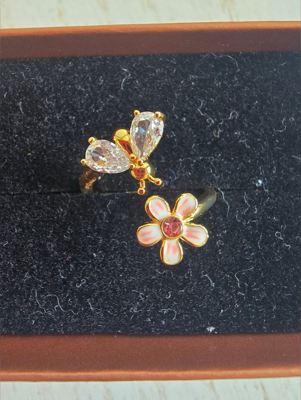 Gold Butterfly and Pink Flower Adjustable Ring